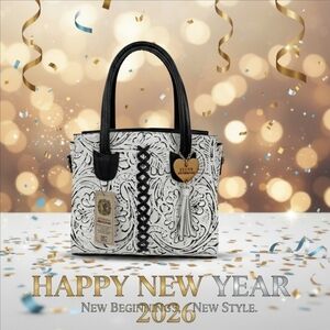 Black & White Floral Cross Stitch Embossed Tooled Artisan LEATHER Bag Purse Tote